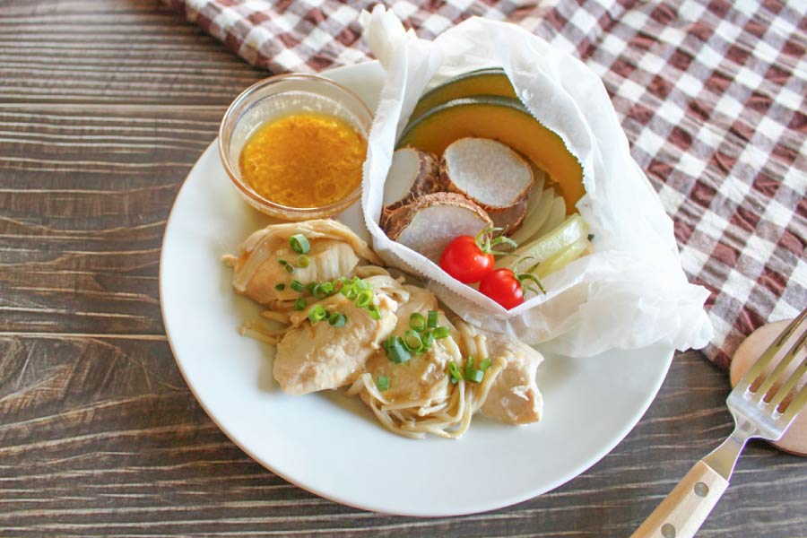 秋の温野菜サラダと鶏きのこソテー